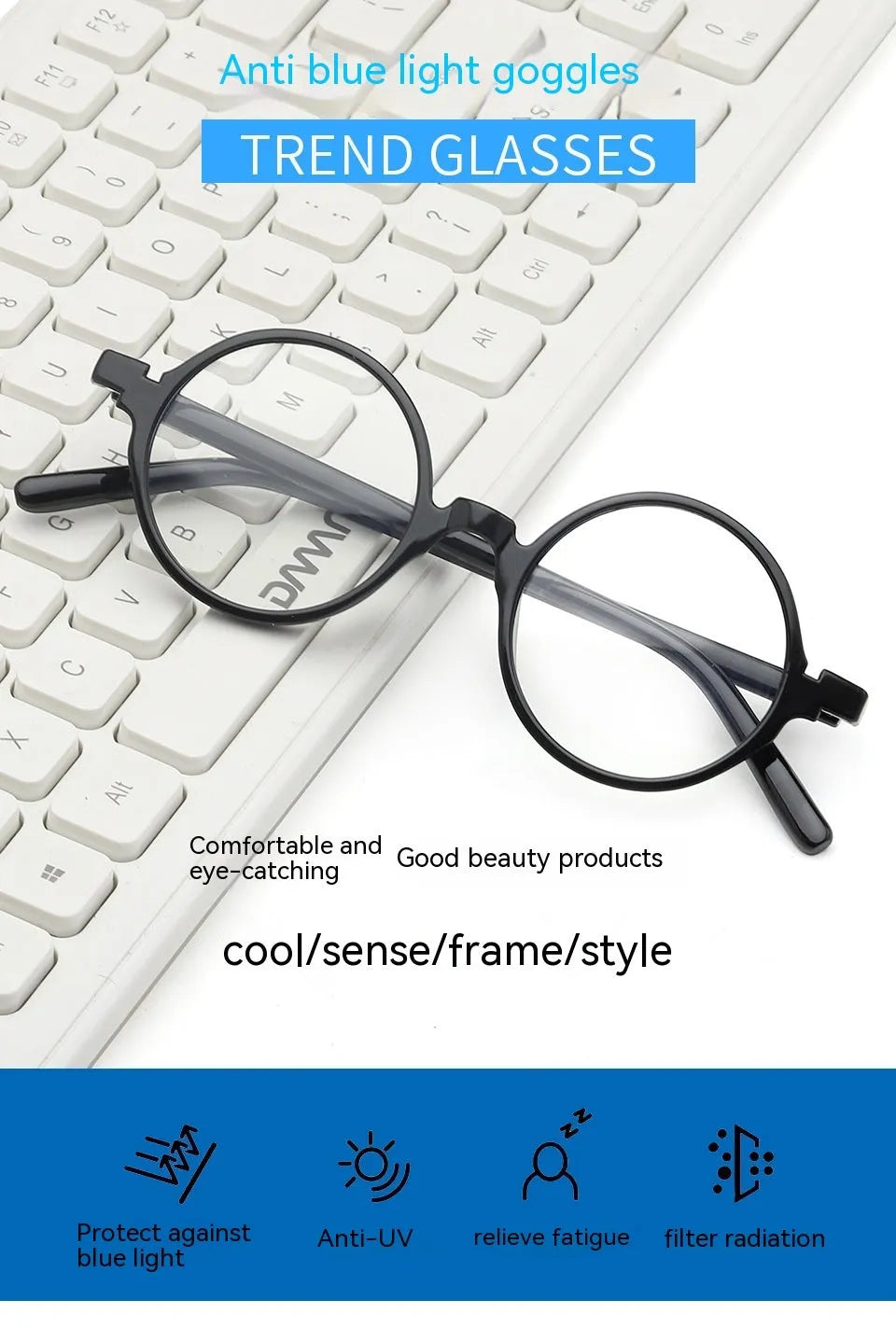 Artistic retro round flat mirror glasses in four colour options on display