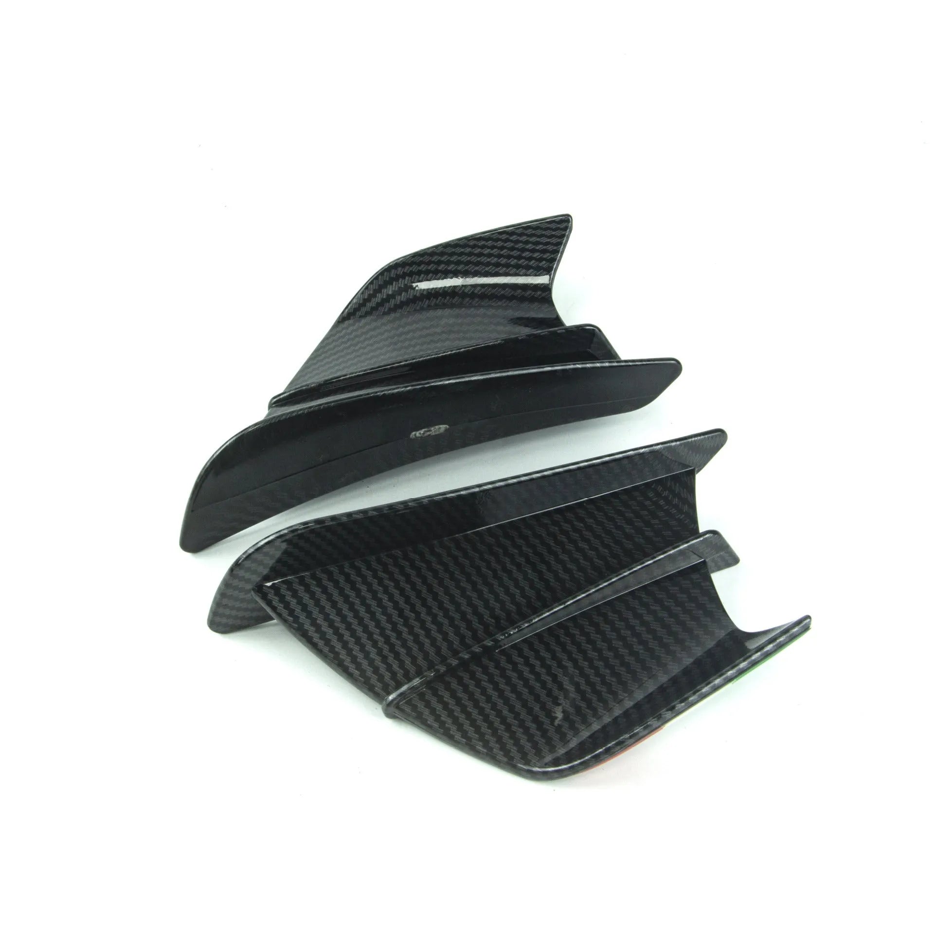 Universal motorcycle spoiler wing accessory measuring 18x8cm with four surface pattern options