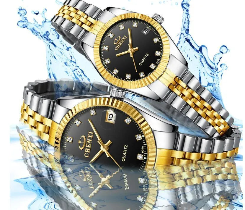 Gold men's quartz wristwatch with stainless steel strap and mineral glass display on a white surface