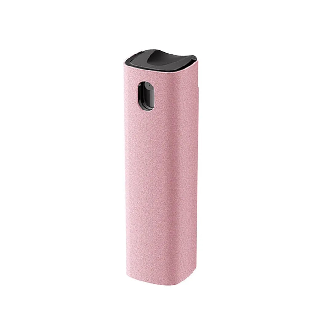 Portable screen cleaner bottle in blue and pink with attached microfiber cloth for cleaning phones and tablets