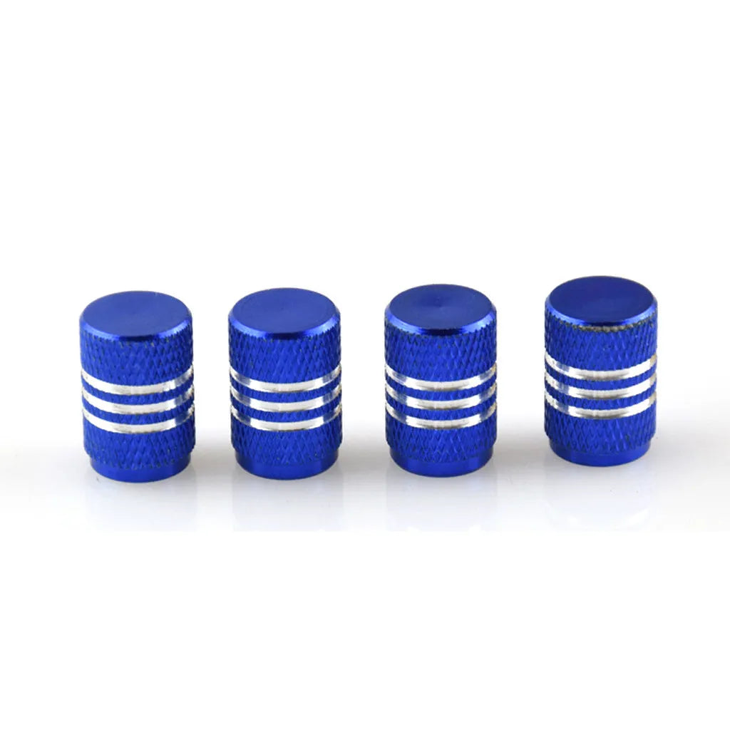 Set of stainless steel car tyre valve caps in assorted colours: black, red, blue, gold, silver, green, purple, sky blue, grey, orange.