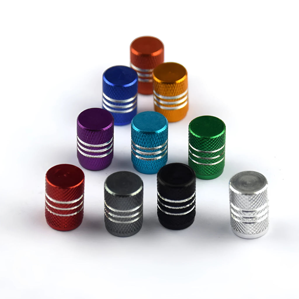 Set of stainless steel car tyre valve caps in assorted colours: black, red, blue, gold, silver, green, purple, sky blue, grey, orange.