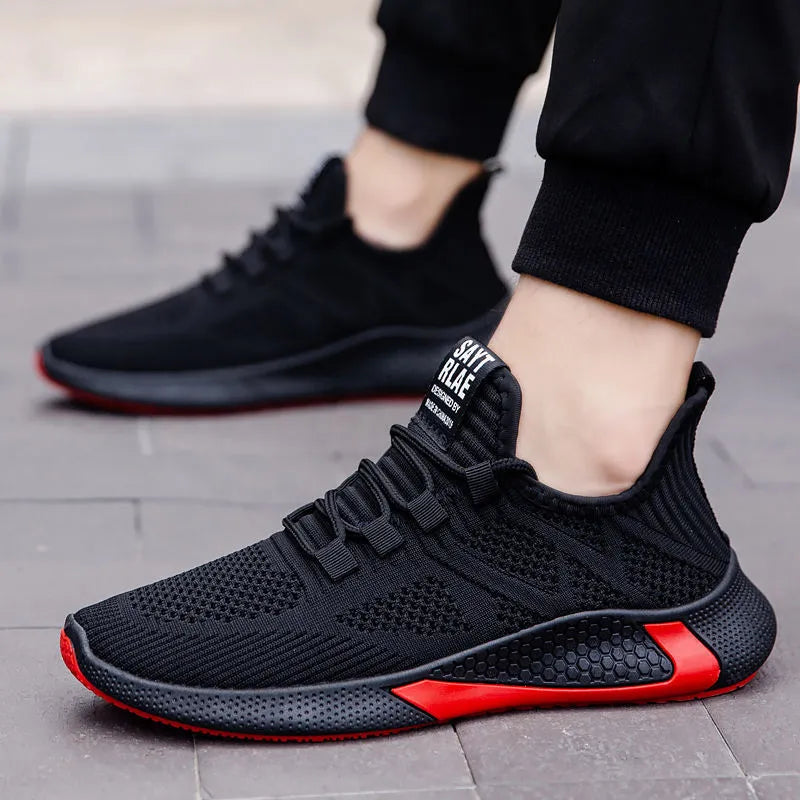 Men's lace up fly woven mesh breathable casual shoes in black with low square heel