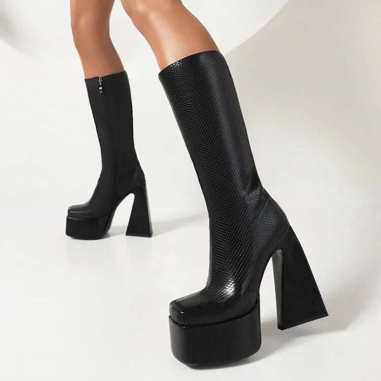 Women's black high boots with artificial PU leather upper, casual style