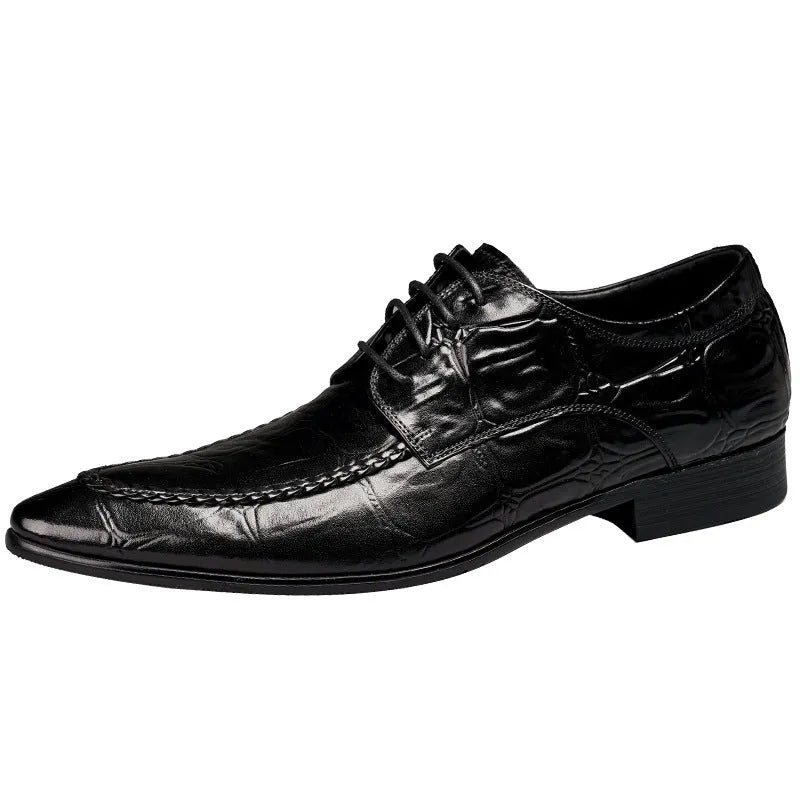 Men's black cowhide alligator pattern leather shoes with horse bit buckle, pointed toe, and rubber sole on a white background