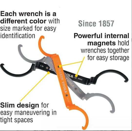 Orange, grey and black magnetic crescent wrench, suction wrench and catheter locking wrench set