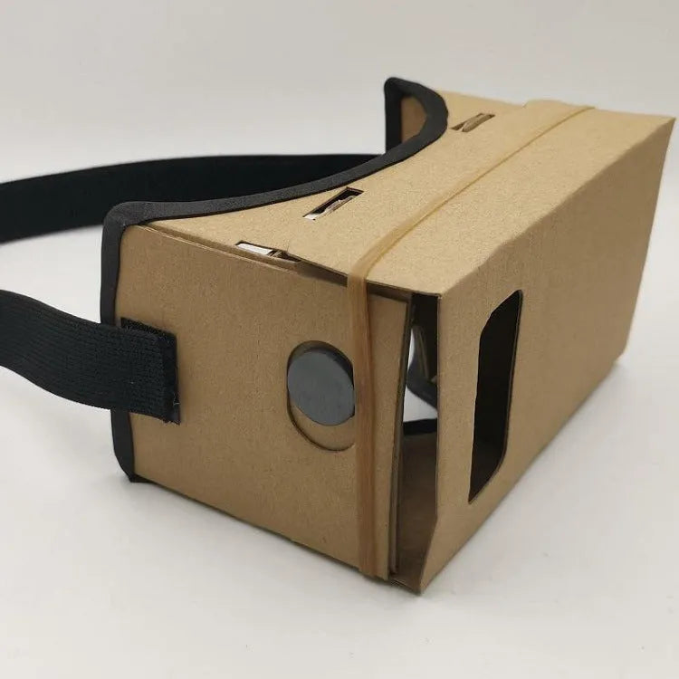 Pink and white foldable VR cardboard glasses for mobile phones, showing 3D lenses and rubber band.