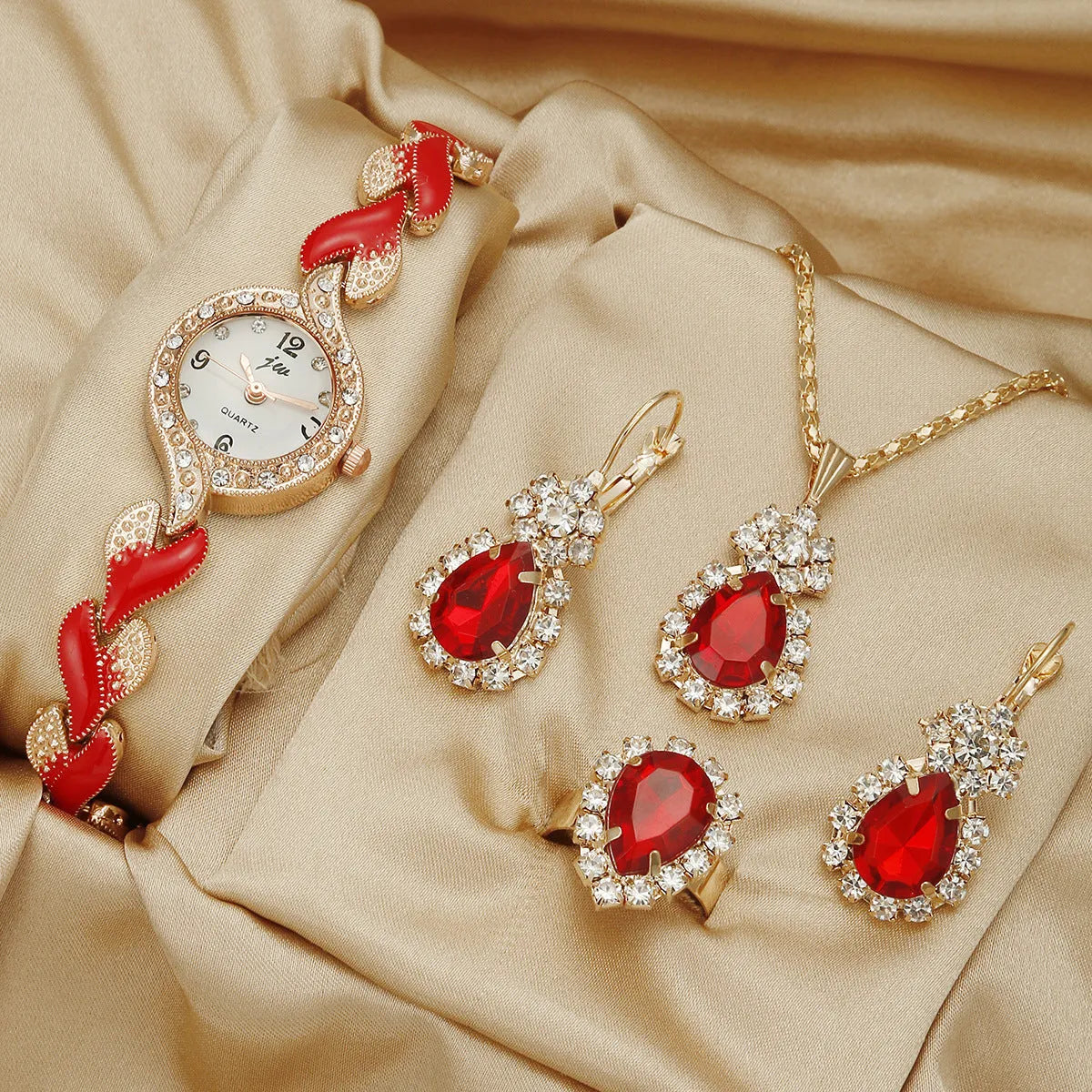 Women's love strap diamond watch set with earrings ring necklace black suit colour
