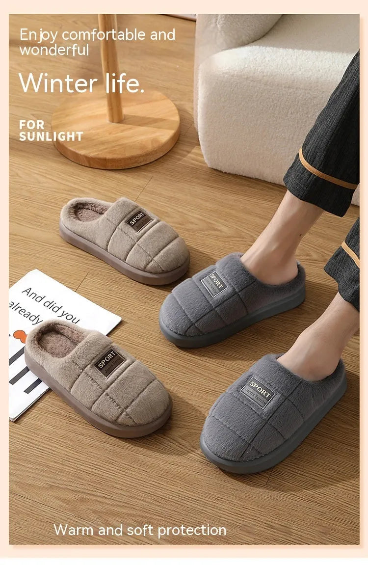 Men's plaid pattern winter slippers with thick sole and wool lining in brown colour