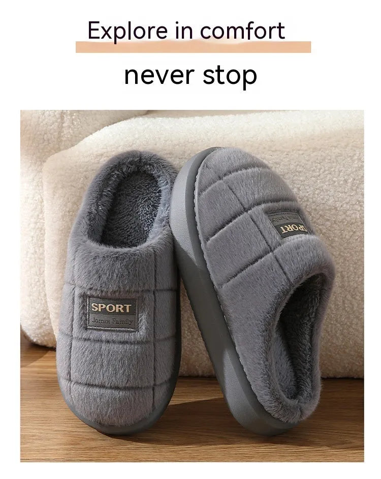 Men's plaid pattern winter slippers with thick sole and wool lining in brown colour