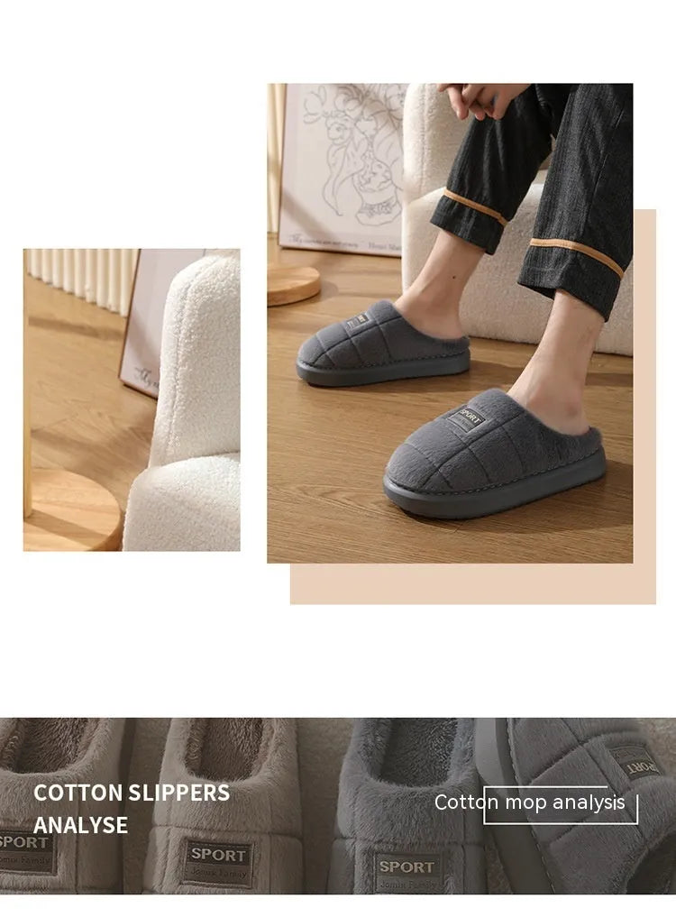 Men's plaid pattern winter slippers with thick sole and wool lining in brown colour