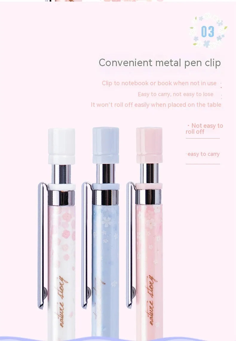 Simplified cartoon automatic pencil set with three 0.5mm HB pencils and refill boxes in mixed colours
