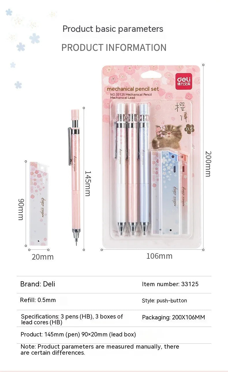 Simplified cartoon automatic pencil set with three 0.5mm HB pencils and refill boxes in mixed colours