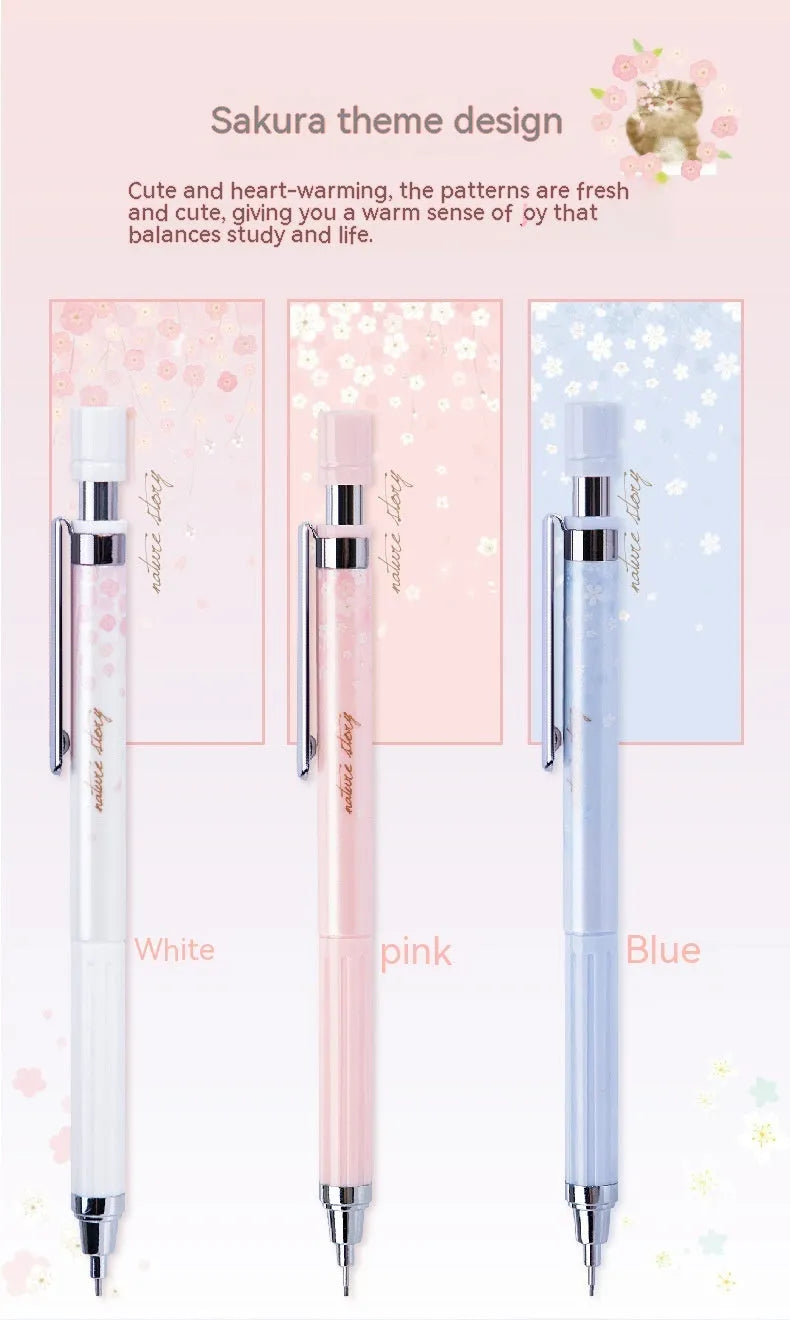 Simplified cartoon automatic pencil set with three 0.5mm HB pencils and refill boxes in mixed colours
