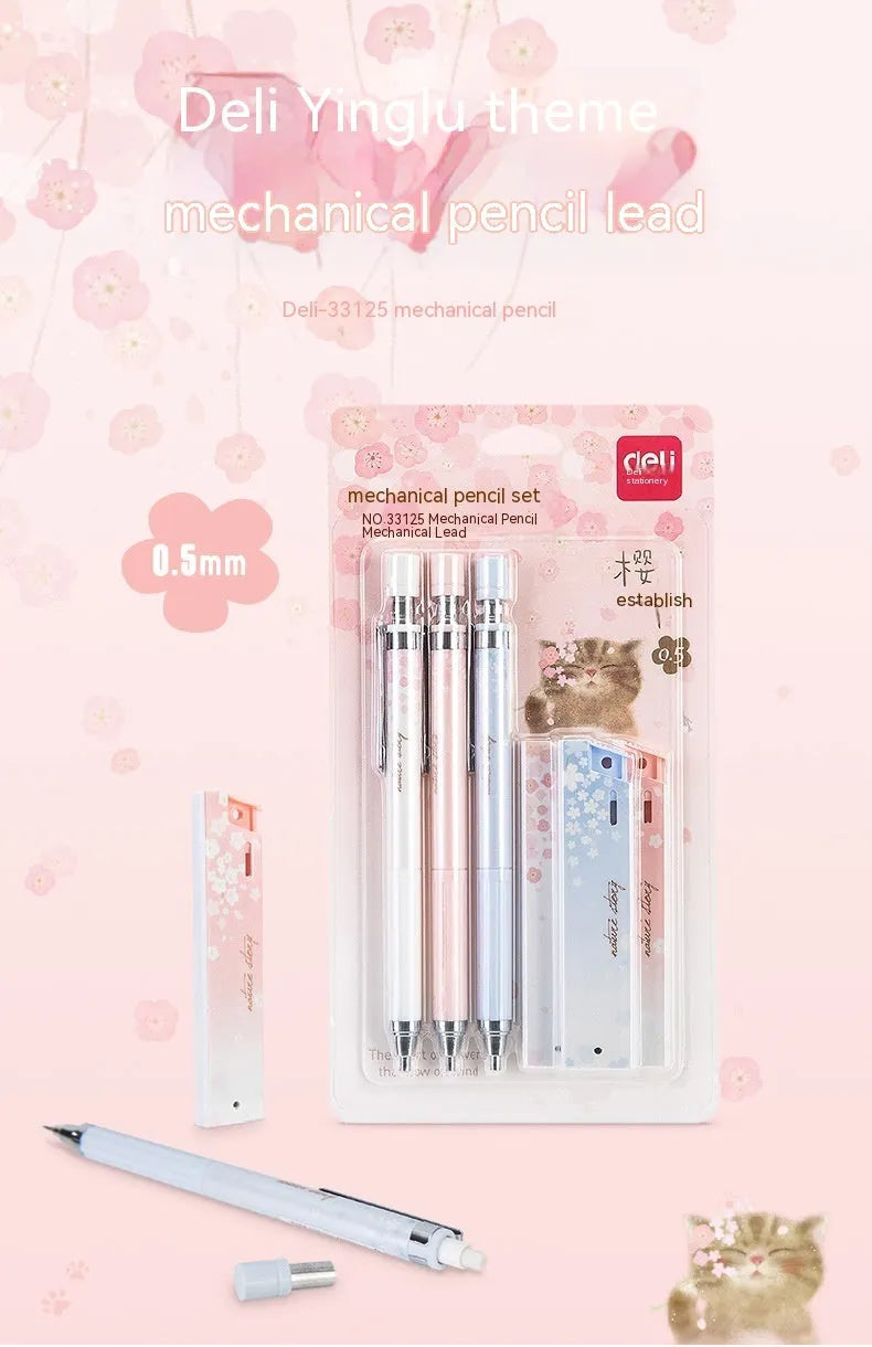 Simplified cartoon automatic pencil set with three 0.5mm HB pencils and refill boxes in mixed colours