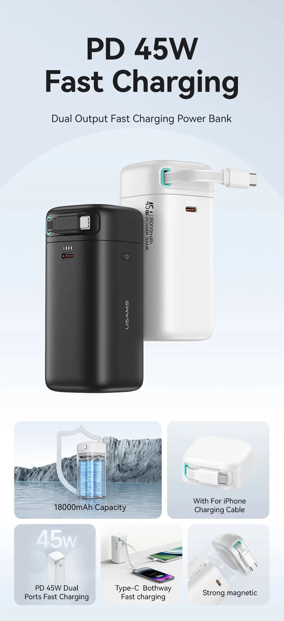 Multi functional PD45w fast magnetisation absorption nanowire mobile power supply in 18000mAh, compact size, PC shell, national trendy style.