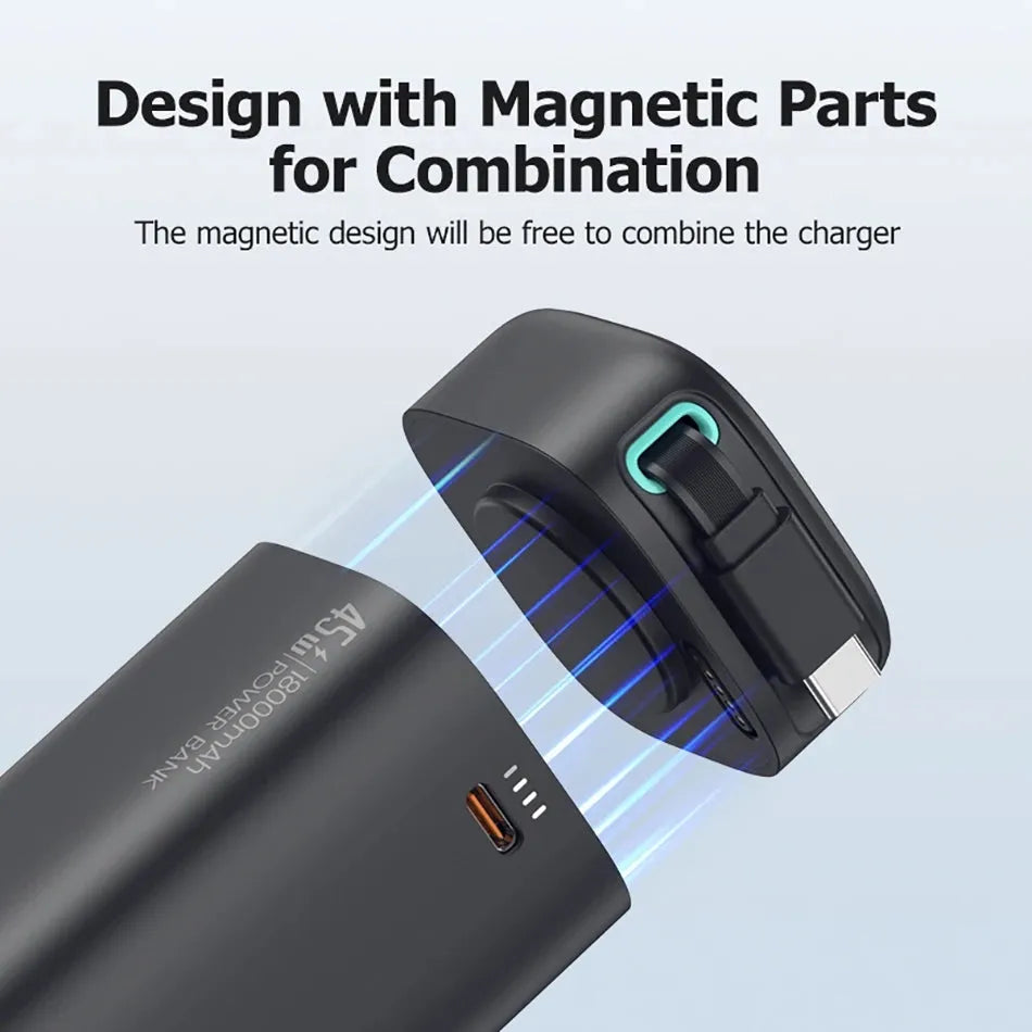 Multi functional PD45w fast magnetisation absorption nanowire mobile power supply in 18000mAh, compact size, PC shell, national trendy style.