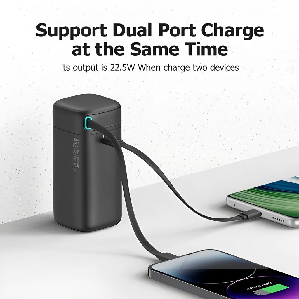 Multi functional PD45w fast magnetisation absorption nanowire mobile power supply in 18000mAh, compact size, PC shell, national trendy style.