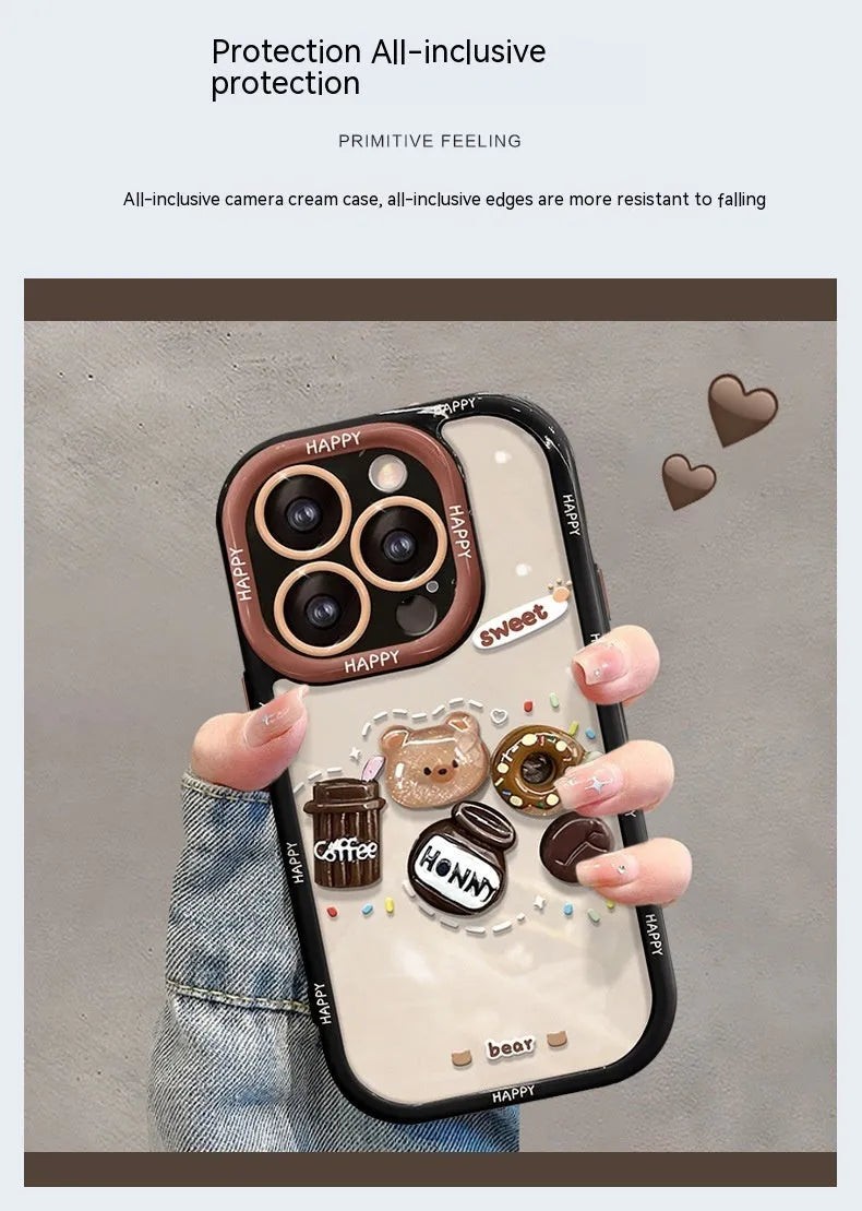 Silicone phone case with coffee bear doll pendant in cream colour for Apple iPhone models