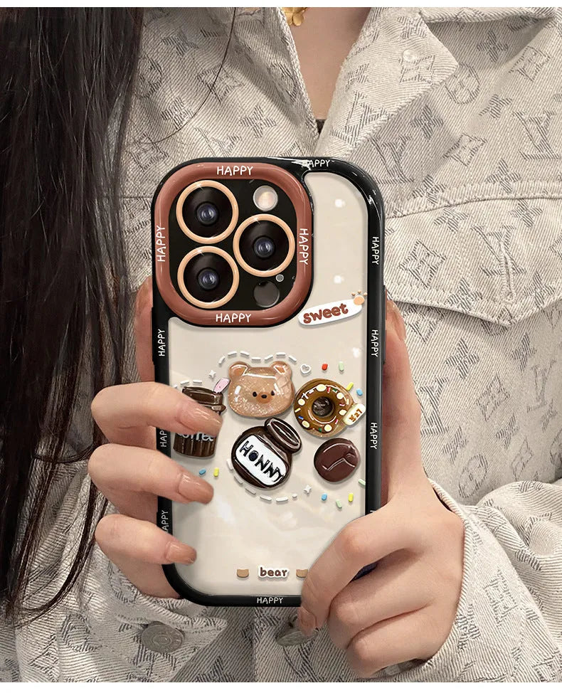 Silicone phone case with coffee bear doll pendant in cream colour for Apple iPhone models