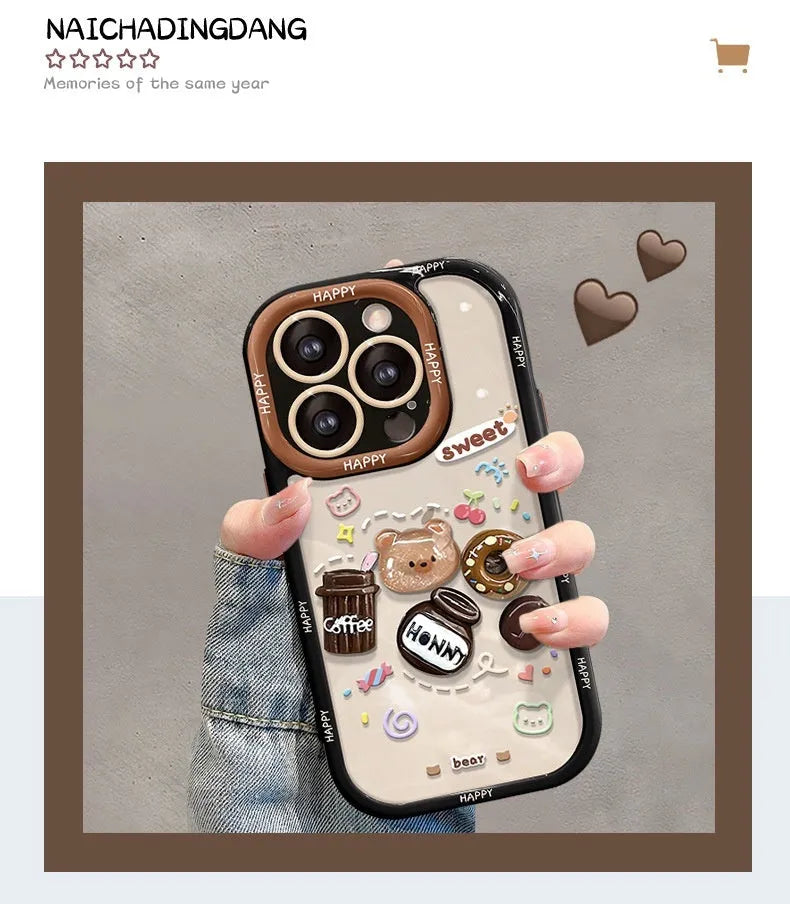 Silicone phone case with coffee bear doll pendant in cream colour for Apple iPhone models