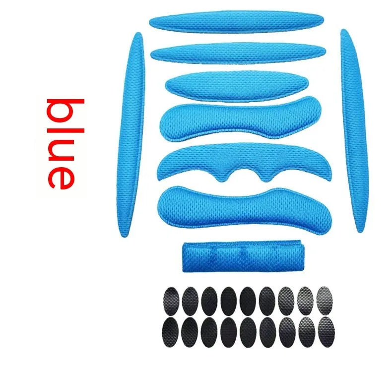 Blue cycling helmet sponge liner with Velcro chin pad shown detached from a helmet