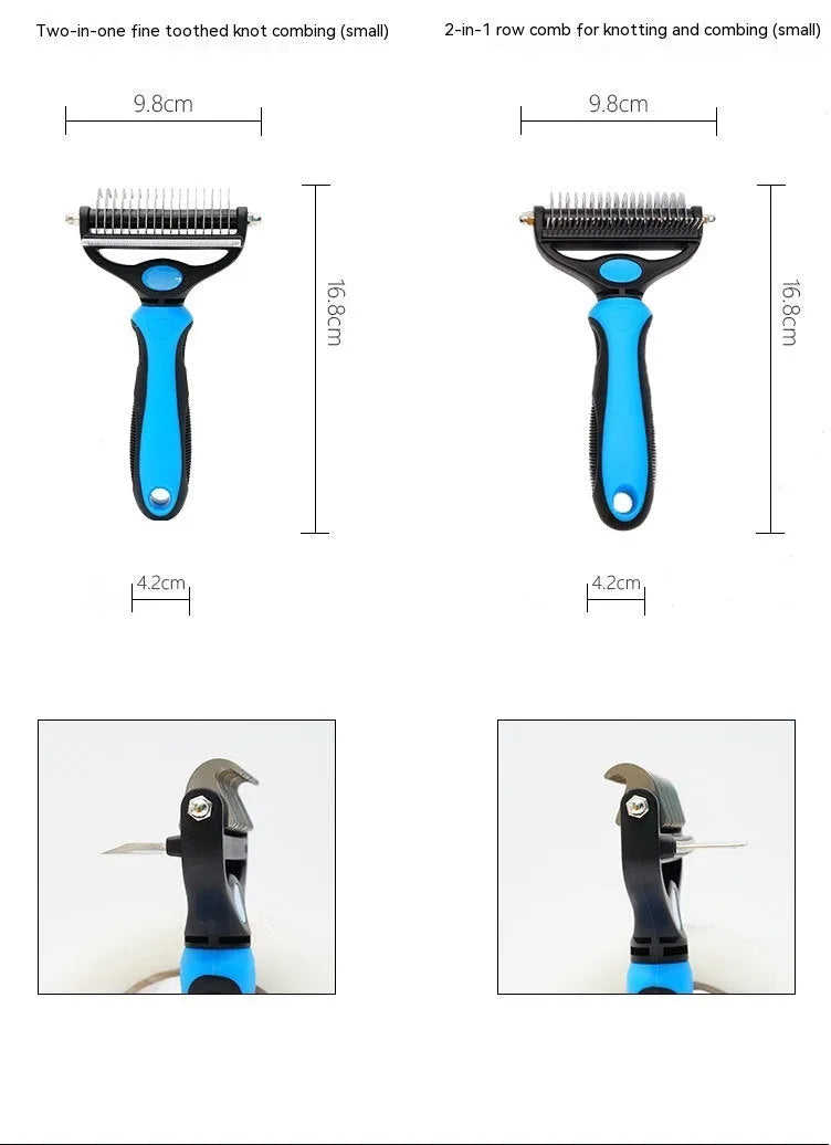 Two-in-one pet hair unknotting comb with stainless steel teeth and ABS TPR handle, available in black, blue, or pink