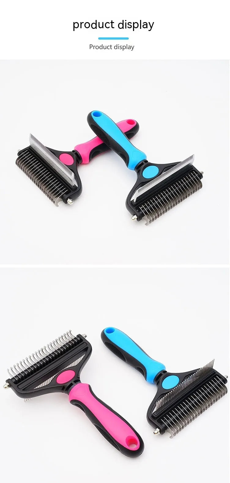 Two-in-one pet hair unknotting comb with stainless steel teeth and ABS TPR handle, available in black, blue, or pink