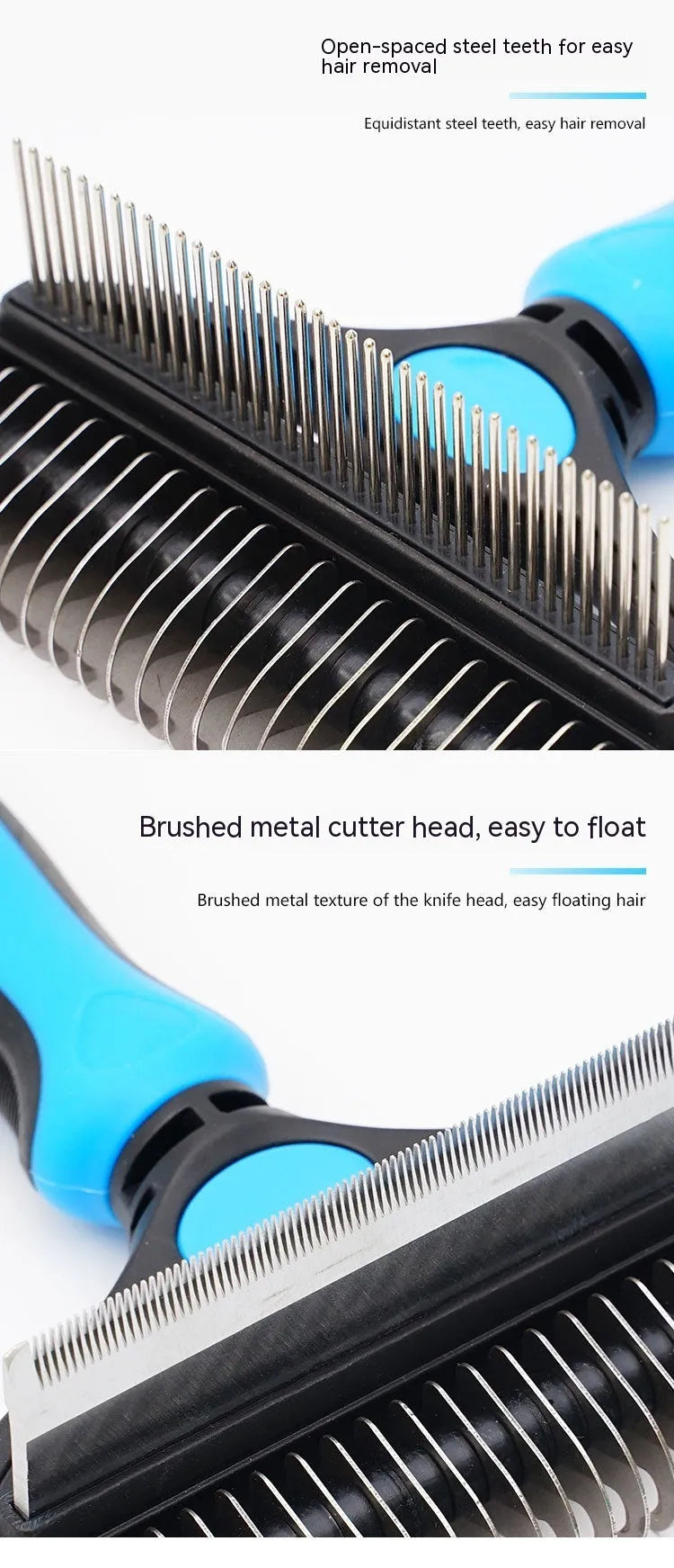 Two-in-one pet hair unknotting comb with stainless steel teeth and ABS TPR handle, available in black, blue, or pink