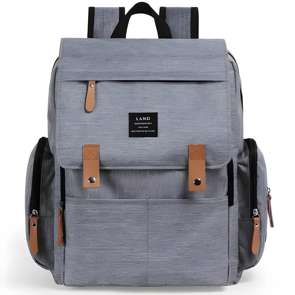 Land Mommy large oxford cloth diaper backpack in grey with a changing mat, shown open.