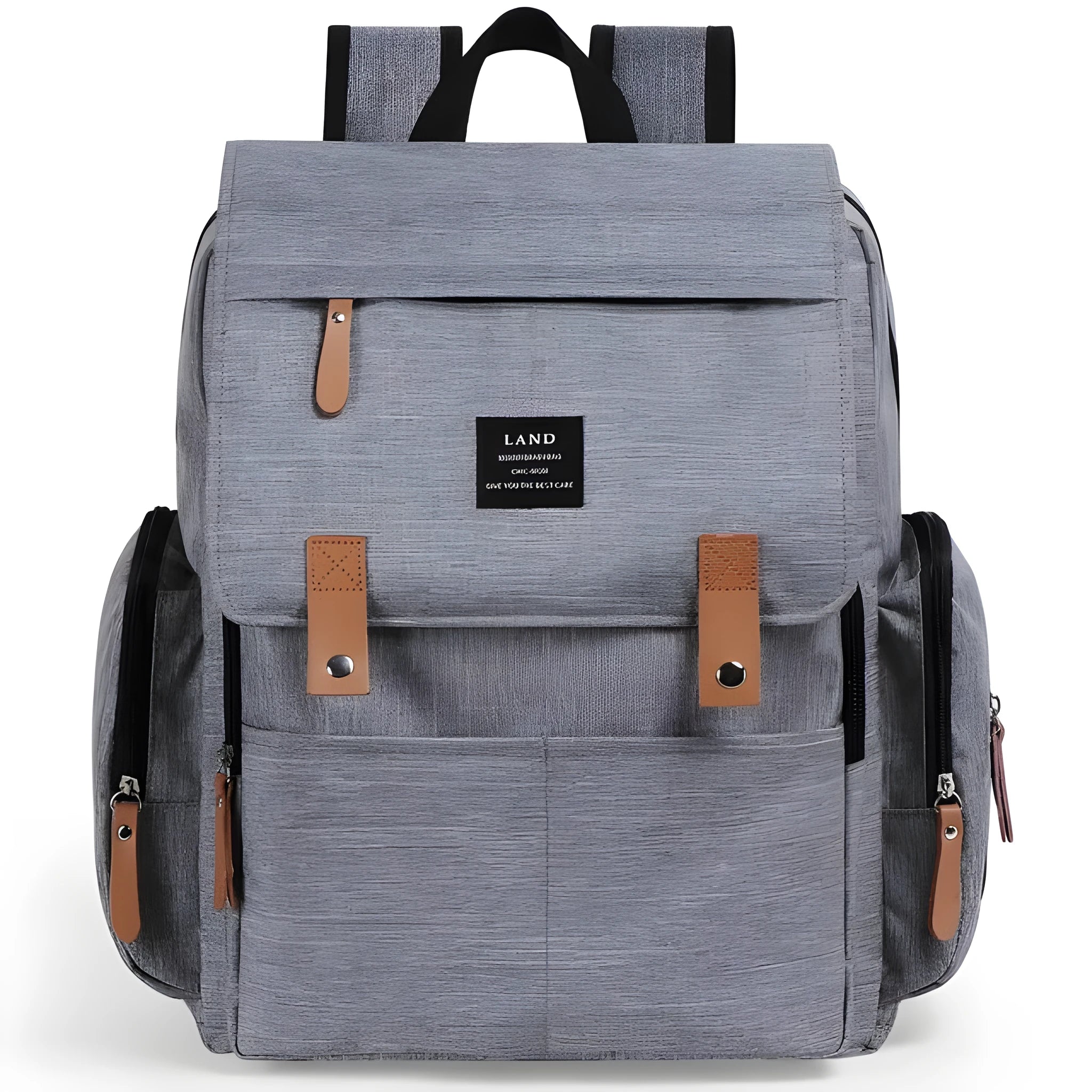 Land Mommy large oxford cloth diaper backpack in grey with a changing mat, shown open.