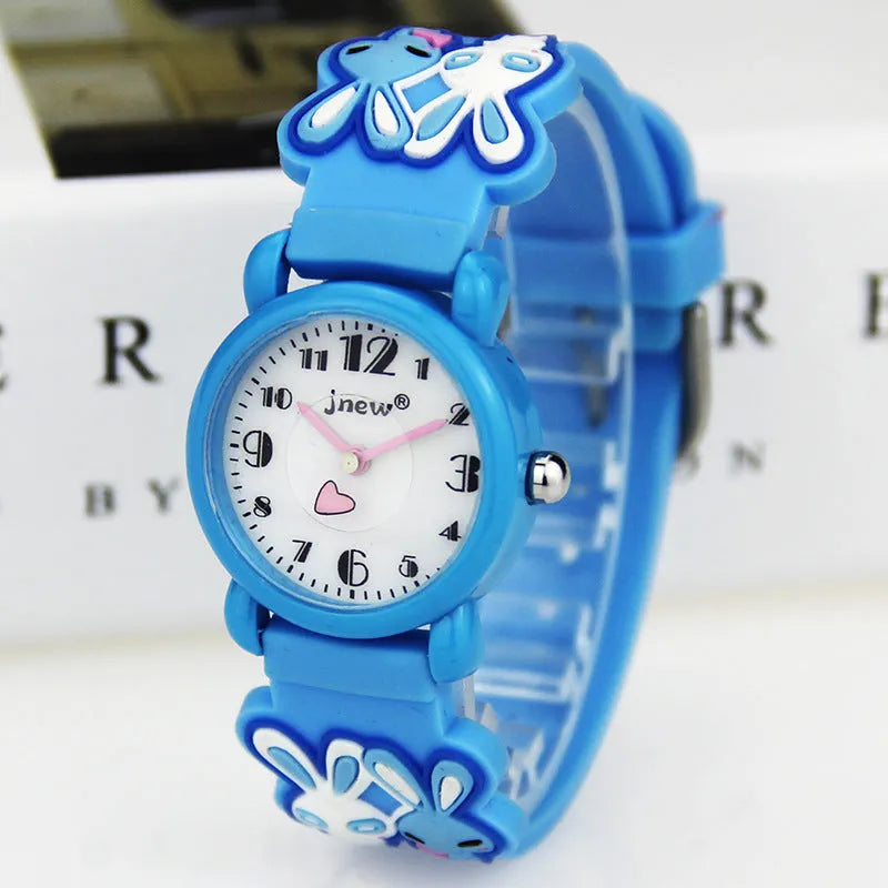 Rabbit quartz watch for kids with black PC case and plastic strap, 27x9mm case size