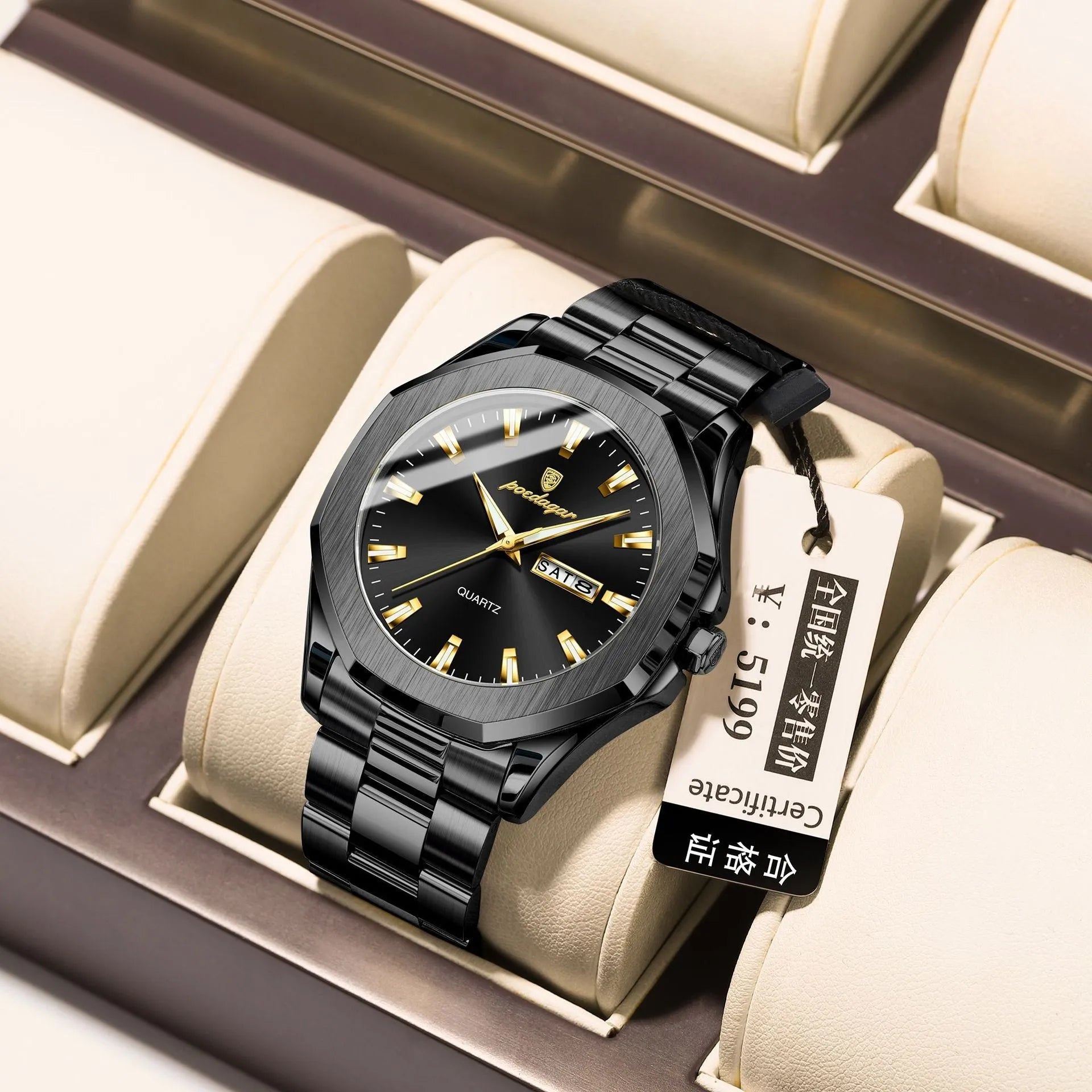 Men's steel strap quartz watch with 9mm case in gold and blue colour combination