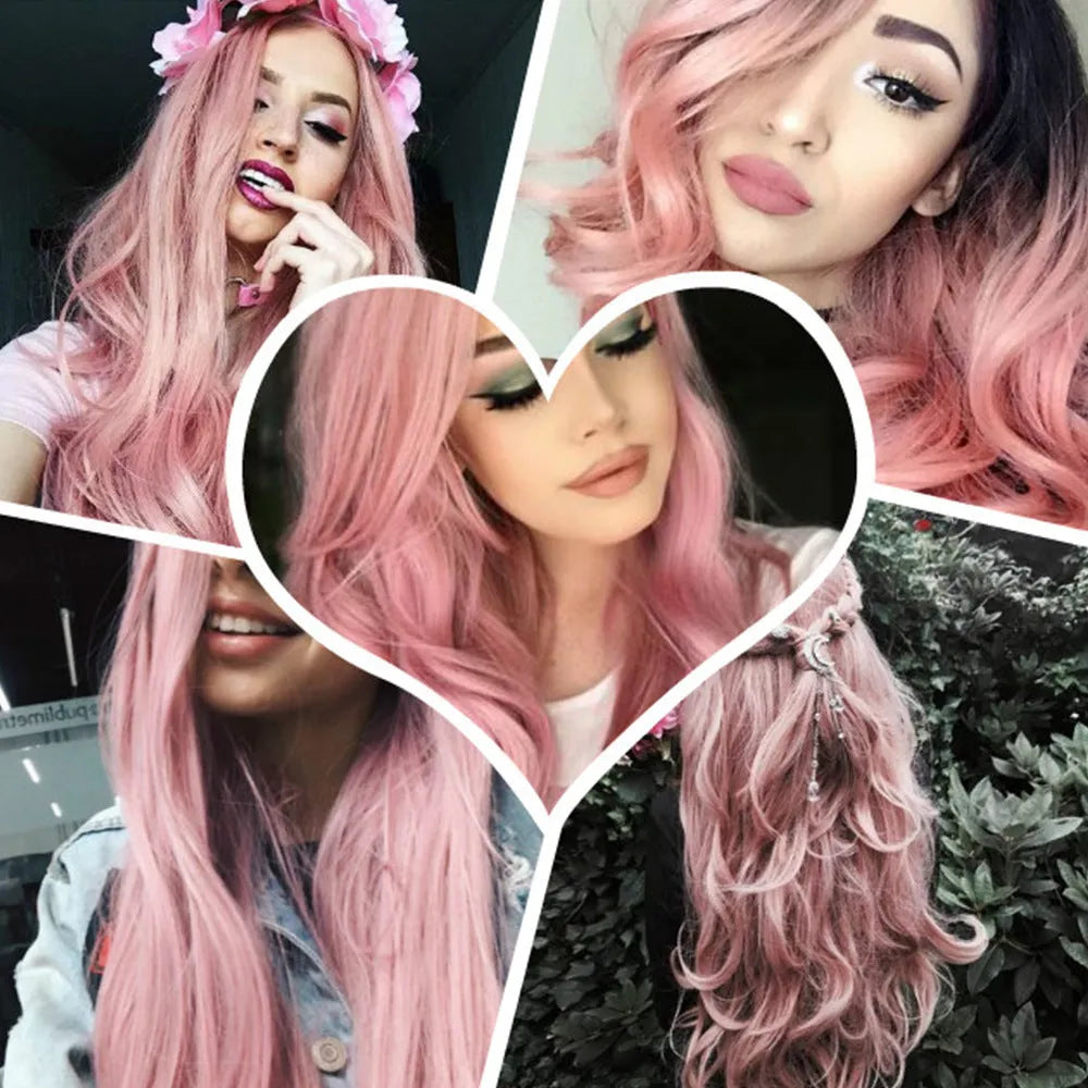 Long curly wig for women 24 inch 61 cm blonde ombre black root heat resistant high temperature wire anime cosplay wig