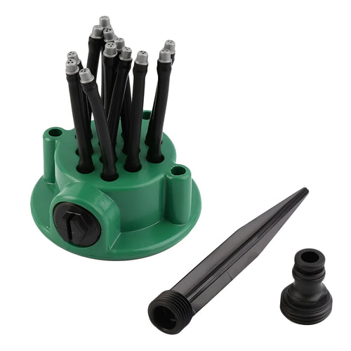 Green plastic adjustable lawn sprinkler with multiple bendable spray arms on a 9cm base.