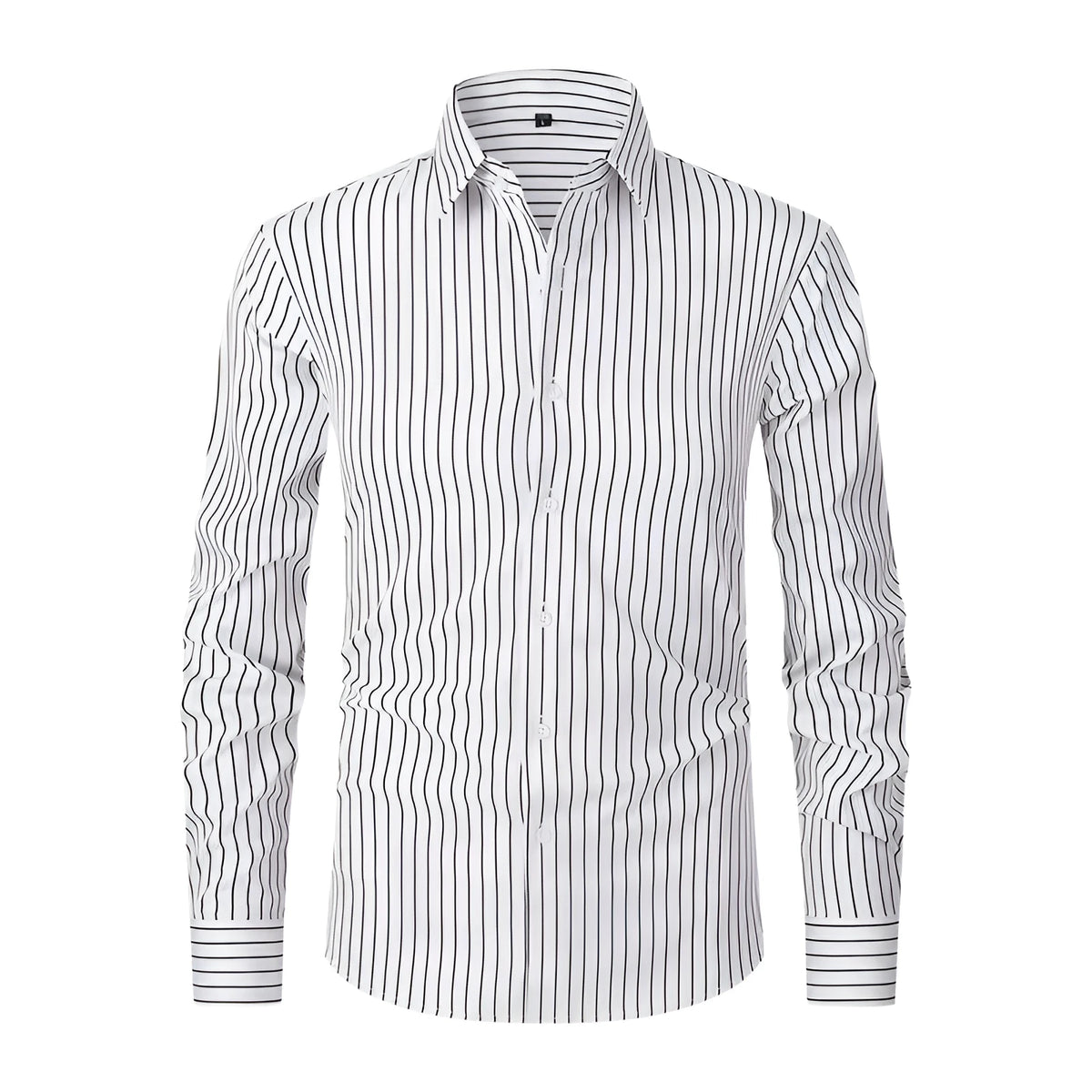 Men's striped ice silk long sleeve business formal shirt in white stripes, slim fit, polyester blend cardigan style