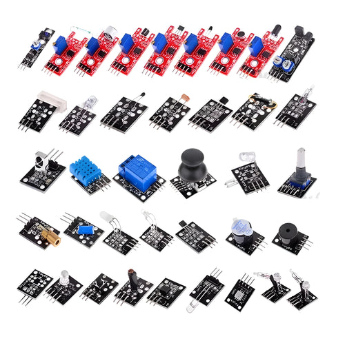 37-in-1 sensor kit modules for Arduino including relay, microphone, temperature, and infrared sensors on a table