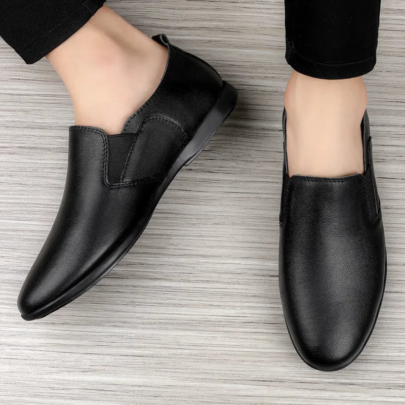 Men's black leather business casual shoes with round toe and breathable design
