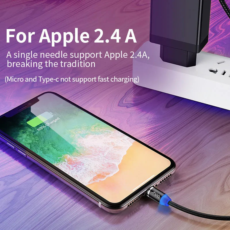 Magnetic data cable with USB 8PIN Micro USB TYPE-C interfaces, flat noodle wire, black colour, 1m length