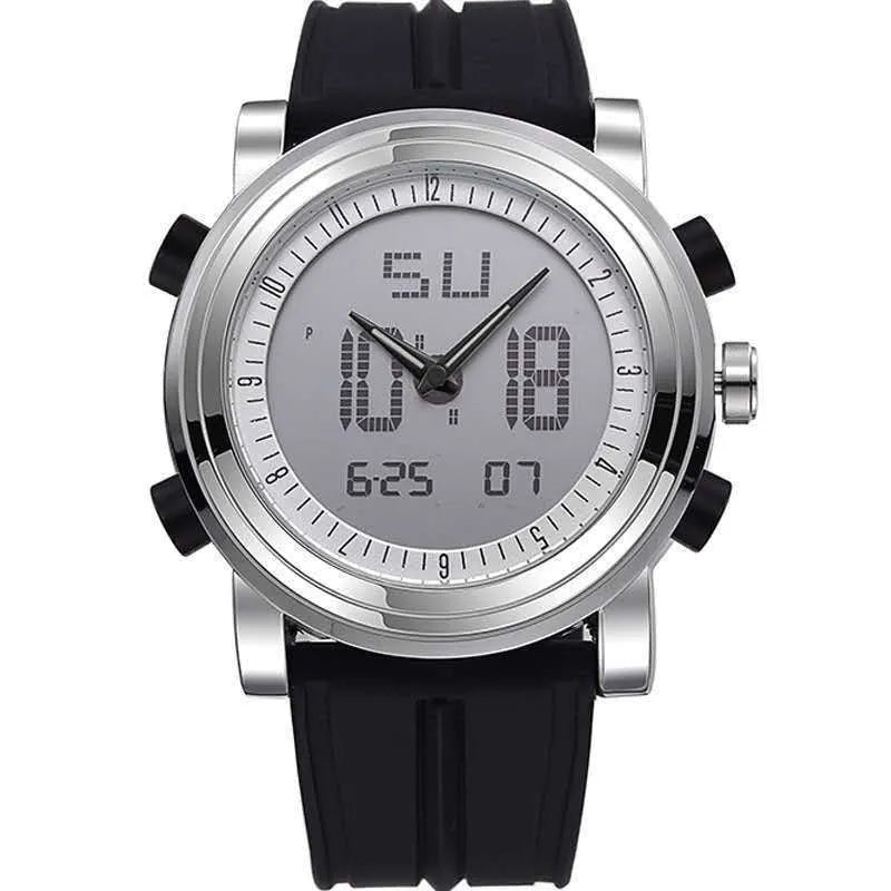 Black luminous electronic watch with analogue hands and digital display on 47mm dial