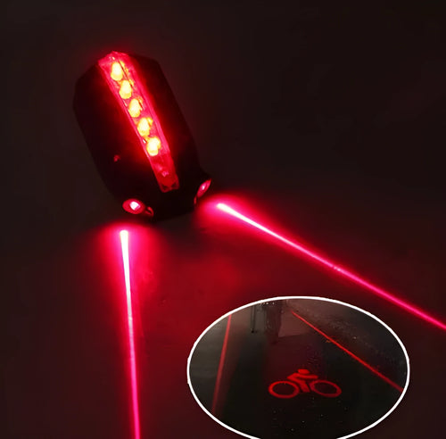 Black and red bicycle laser taillight with 5 LED indicators and adjustable clamp on a bike seatpost