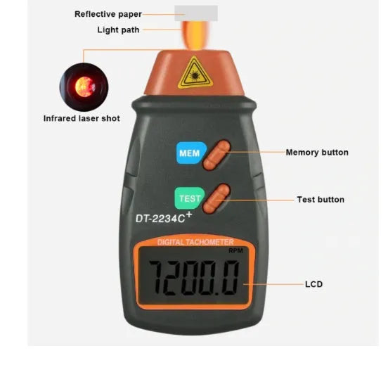 Digital tachometer in dark grey ABS plastic with 5-digit LCD display and black buttons on white background