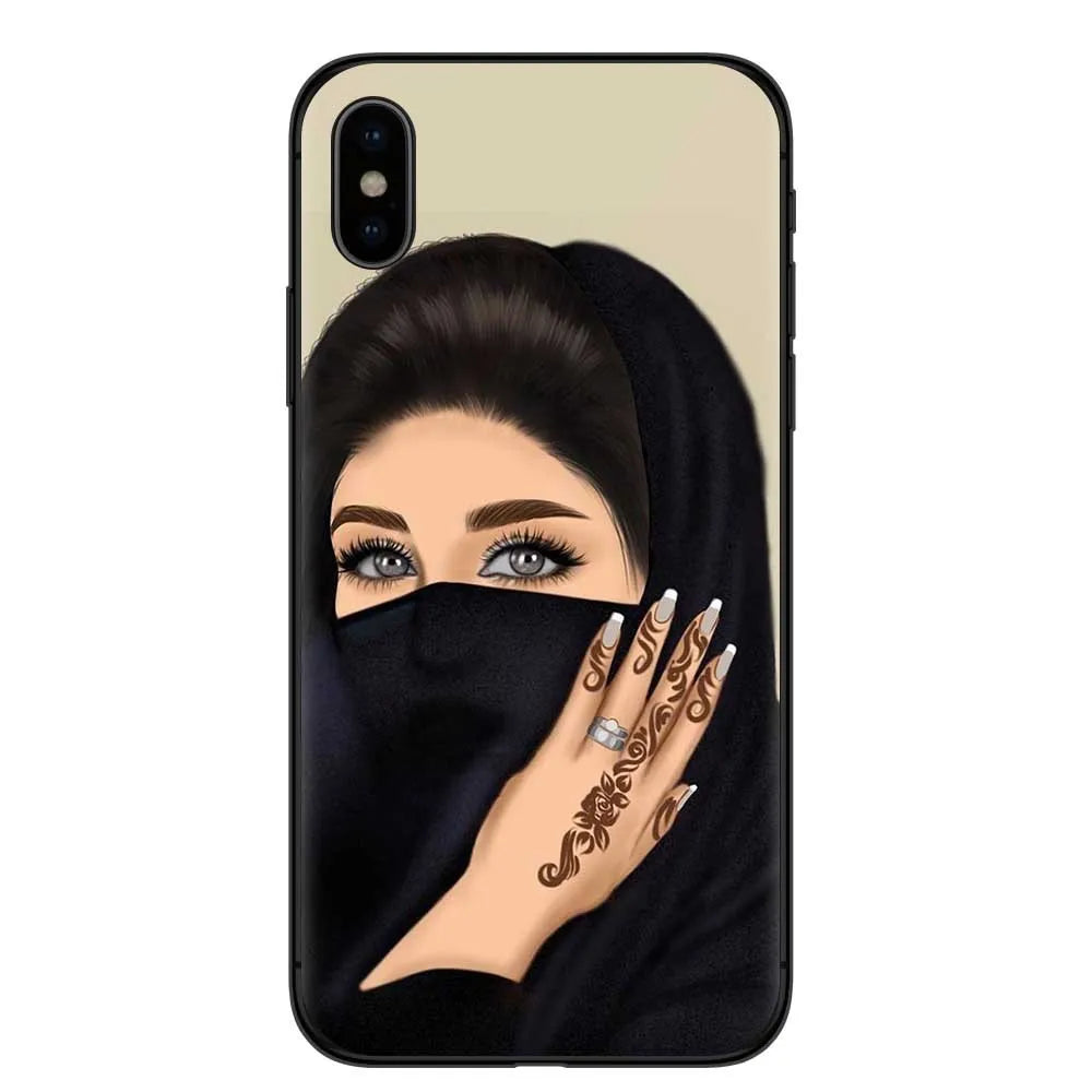 Islamic hijab veil design iPhone case with rhinestone and floral patterns on a flexible TPU back cover.