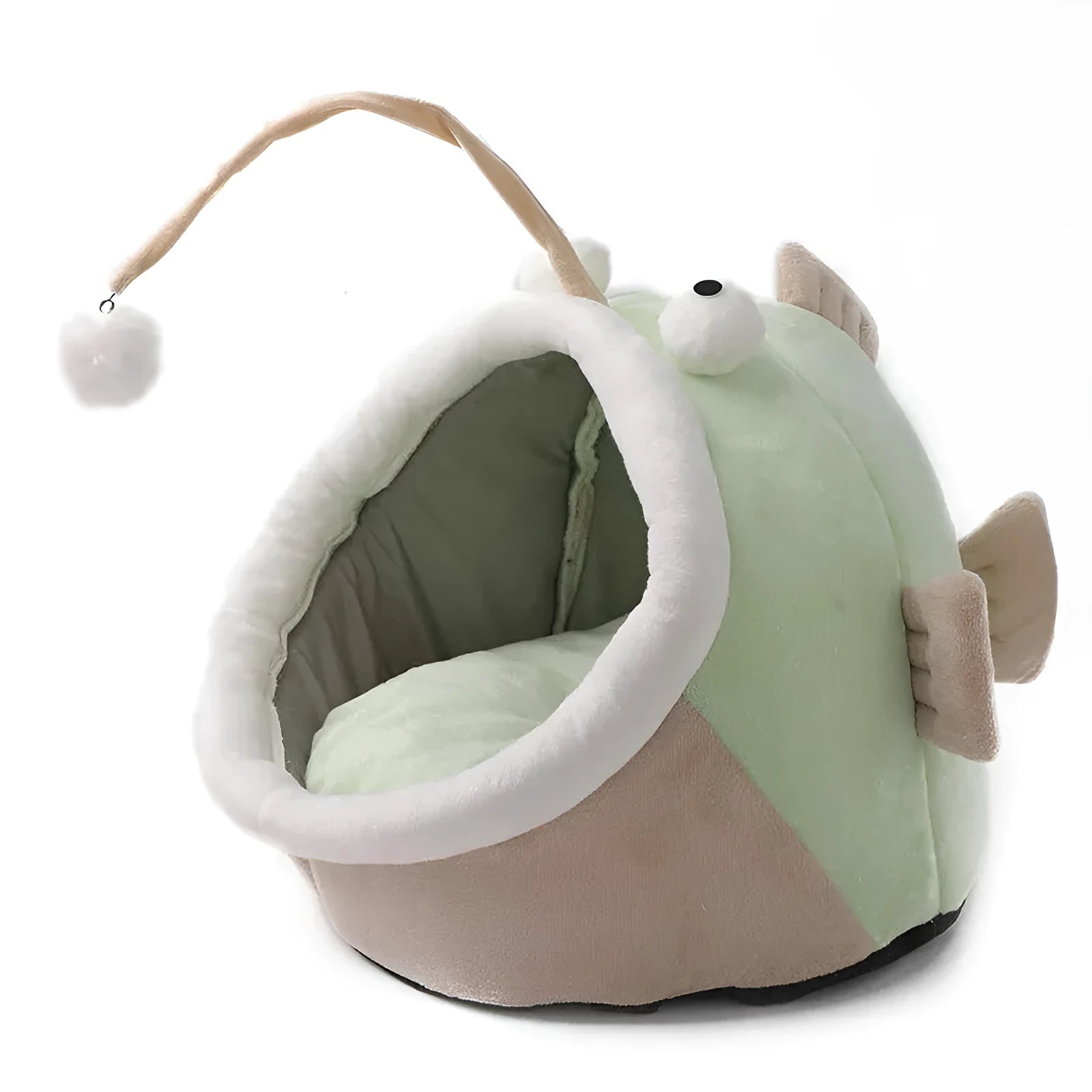 Grey semi-closed deerskin velvet cat bed with lantern fish design, shown in medium size.
