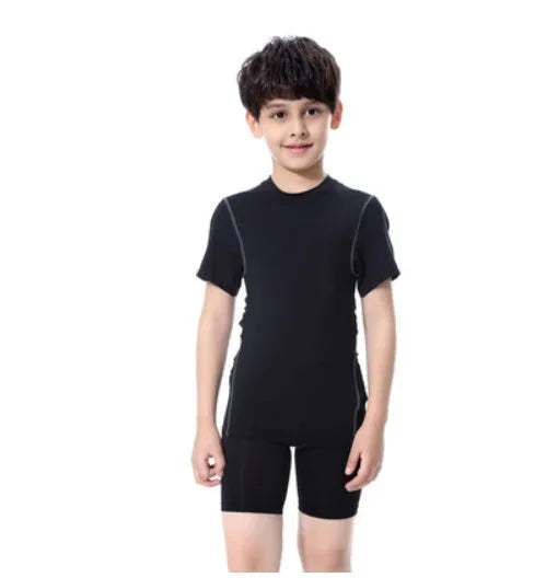 Kids sportswear set including t-shirts, shorts, and trousers in polyester spandex fabric
