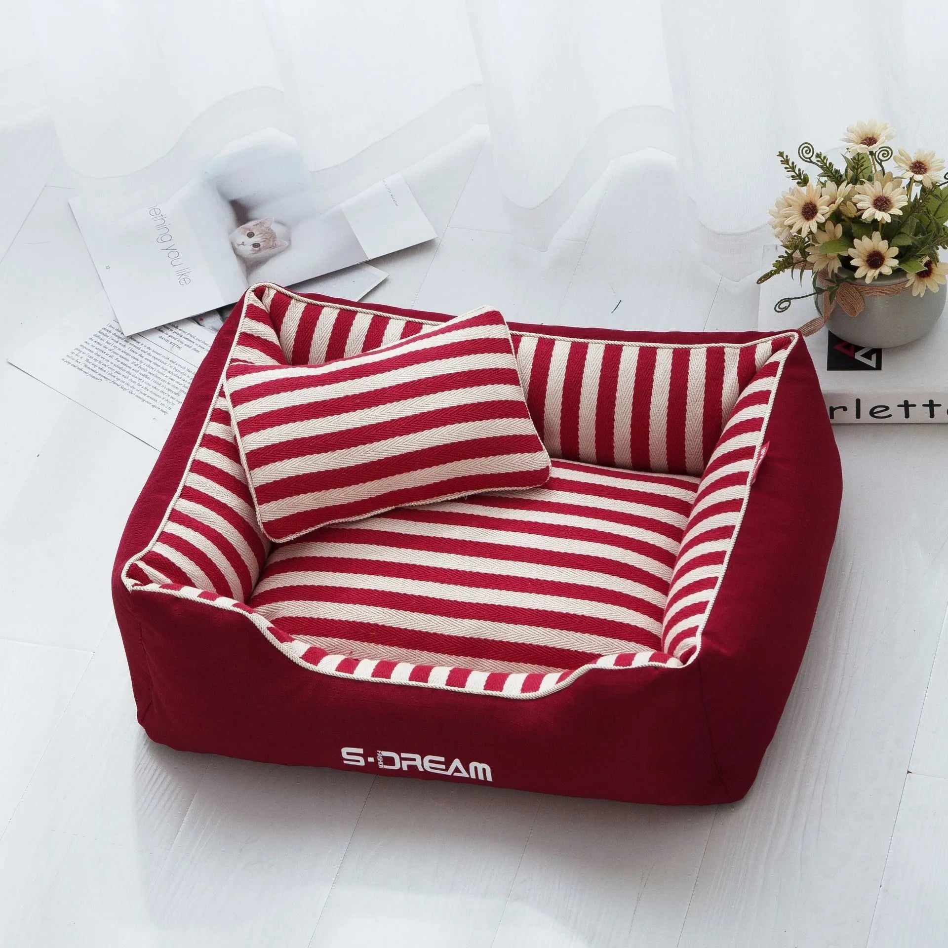Navy stripes dog kennel mat with removable washable cover and matching mini pillow