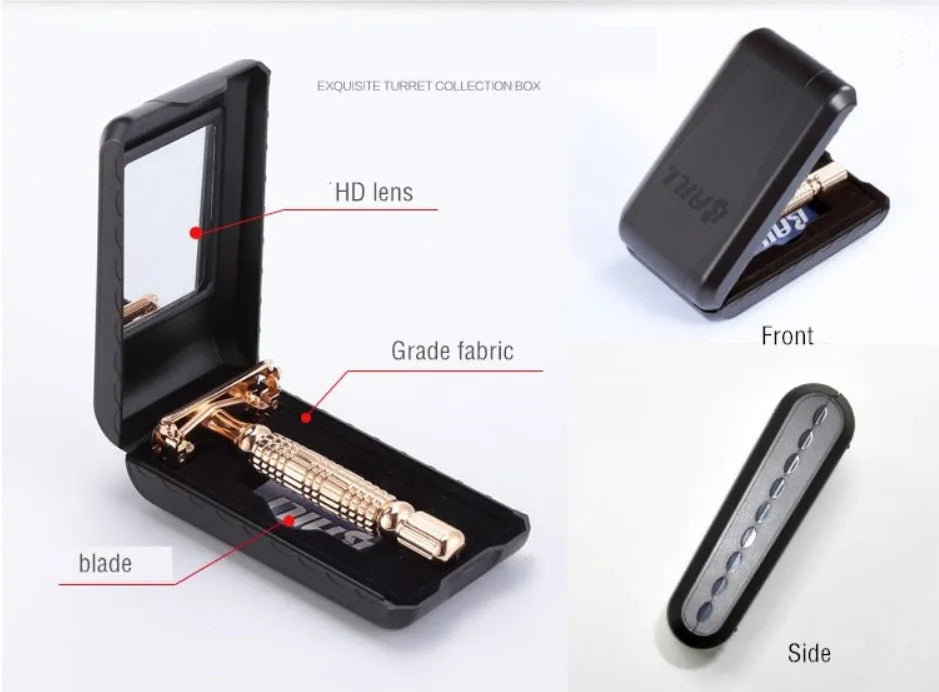 Rose gold chrome plated alloy double edge safety razor with butterfly mechanism in storage box with mirror