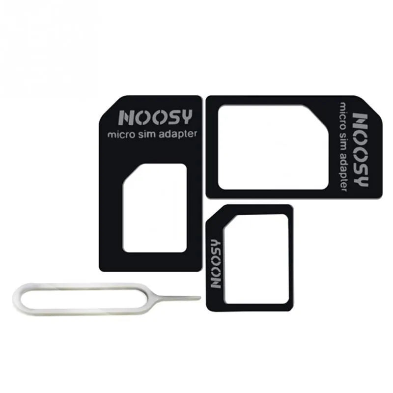 Three-piece SIM card cutter kit showing cutter tool, SIM tray removal tool, and SIM adapter