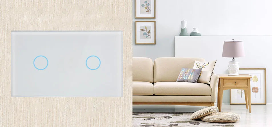 White tempered glass touch wall light switch with two control panels and LED indicators