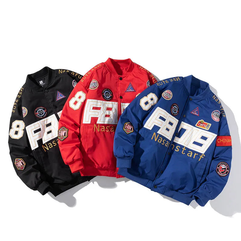 American motorcycle baseball uniform jacket in black, red, or blue with removable hood and cotton-padded lining
